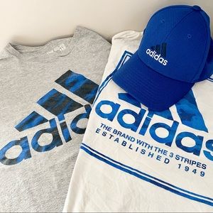 Bundle of Adidas T Shirts and Climalite flex fit hat blue grey white large